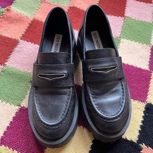Steve Madden Black Leather Chunky Loafers with Silver Accent
